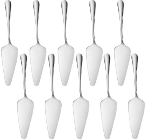 Ymeibe Stainless Steel Cake Server Pack of 10 Pie Holder Transfer Triangular Spade Spatula Serrated Edge for Pizza Cake Baking Safe in Dishwasher (Silver)