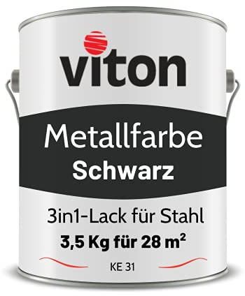 Viton Metallfarbe in Schwarz - 3,5 Kg Metall-Schutzlack Seidenmatt - Dauerhafter Schutz & hohe Beständigkeit - 3in1 Grundierung & Deckfarbe - Metalllack direkt auf Rost - KE31 - RAL 9005 Tiefschwarz