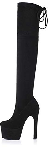 Mujer Moda Tacón Alto sobre La Rodilla Botas, Botas Elásticas De Tacón De Aguja, con Plataforma De Tacón Súper Alto Y Punta Redonda, Botas De Gamuza con Cordones En La Espalda (Color : Black, Size :