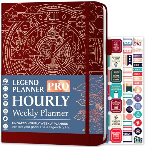 Legend Planner PRO Hourly Schedule Edition - Undated Deluxe Weekly & Daily Organizer with Time Slots. Time Management Appointment Book Journal for Work & Personal Life, A4 size Hardcover (Wine Red