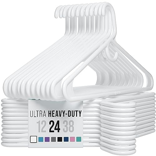 NEATERIZE Thick Heavy Duty Hangers - White Plastic Clothes Hangers 24 Pack - Great for Coat Hanger, Jackets Jeans & Suit Hanger for Closet - New Apartment Essentials Percheros Ganchos para Colgar Ropa
