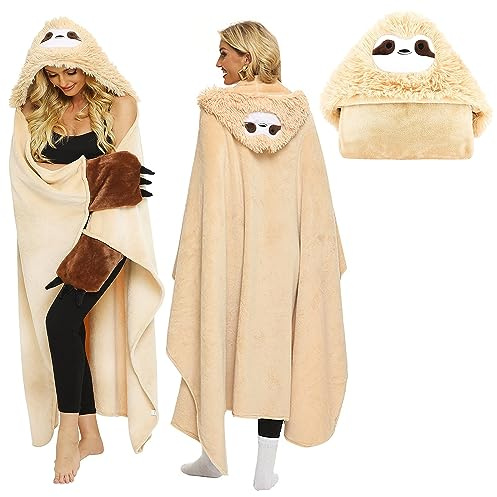 MeYuxg Coperta con Maniche Bradipo, Coperta Indossabile Regali, Flanella Coperta Bradipo con Cappuccio 150x125cm, Coperta Indossabile di Bradipo Regalo Compleanno Natale (Giallo)