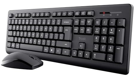 Trust Primo Wireless Keyboard and Mouse Set QWERTY UK Layout, Low Profile Keys, Spill-Resistant, One USB Receiver, Ambidextrous Wireless Mouse, Home Office Combo for PC Laptop Mac - Black