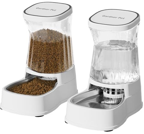 Gardner Pet 3.85L Comedero Gato Automatico (Juego de 2), Dispensador Comida y Agua, Dispensador Comida Gatos con Bol Acero Inoxidable, Bebedero Perro para Gravedad, Comedero Perro Automatico (Blanco)