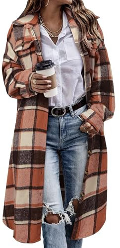 Jhsnjnr Dam flanell rutig jacka oversize långärmad kavajknäppning rutig skjorta bomull lång skjortjacka kappa, apelsin, S