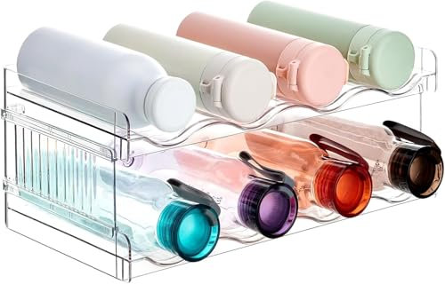 RUIQINGSANY Stapelbarer Flaschenhalter für Kühlschrank, Schrank, Vorratskammer - Wasserflaschenhalter für Küchenschränke Arbeitsplatte Kühlschrank, 2er-Pack, jedes Regal fasst 4 Behälter