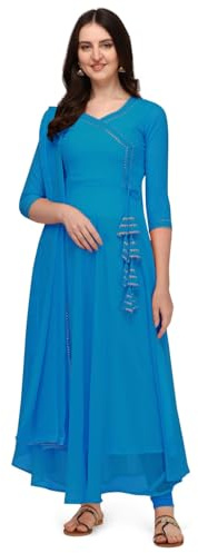 Estationeryhouse Women's Georgette Anarkali Kurta Kurti with Dupatta (Bottoms not included) (Medium, Turquoise Blue)