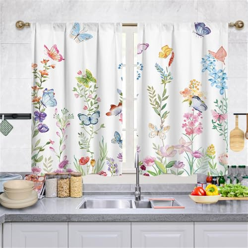 Highdi Lot de 2 Rideaux Cuisine, Court à Passe Tringle Petit Rideau Courts pour Petite Fenêtre Salon Bistrot Rideau de Style Maison de Campagne (Papillons colorés,70 * 100cm)