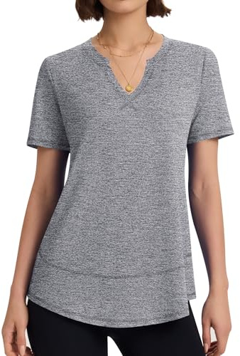 Kistore Women Tops V Neck Summer Sports t Shirts Short Sleeve Running Top Curved Hem Black Workout Yoga Gray L