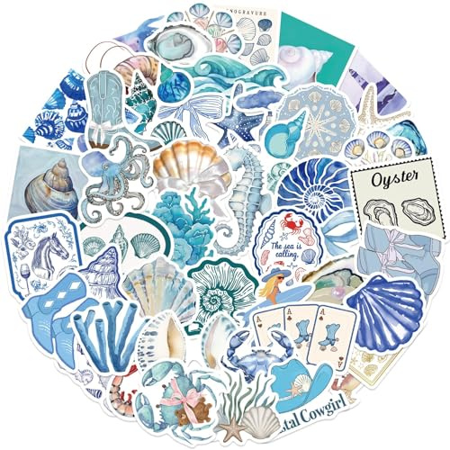 50 Été Mer Autocollants, Bleu Animaux des Fonds Marins Stickers, Autocollant étoile de Mer Hippocampe Méduse pour Enfants Ados Adultes Portables Thermos Skateboard Réutilisable Décoration DIY