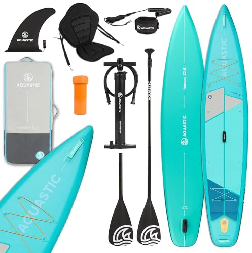 AQUASTIC Touring 12'6 Sup Board Set – Juego Completo: 2 remos 2 en 1, 2 Asientos de Kayak, Leash, Bomba, Mochila, Drop Stitch Lite+, 381 x 76 cm, 165 kg, Touring, Ligero y Resistente, para Viajes