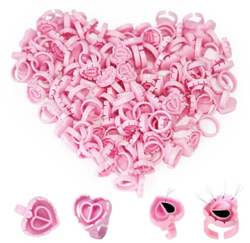 MIUXIA 300Pcs Glue Rings Lash Glue Rings for eyelash extention Supplies Lash Tech Holder Lovely Pink Heart Shape