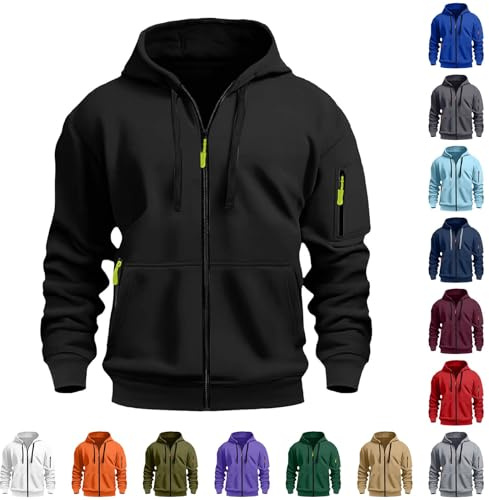 Huvtröjor för män med dragkedja långärmad pullover sweatshirt cardigan plus size ledig lätt bekväm jacka med huva och dragsko atletisk sport träningskläder utomhus löpning ytterkläder, A01svart, 3XL