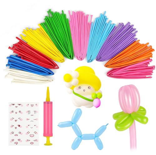 AOOTE Palloncini Modellabili, 100 Pezzi Magici Palloncini Lattice, Lungo Palloncino con Pompa a Palloncino, con Adesivi Emoticon per Compleanno, Clown, Matrimoni, Feste, Natale, Multicolore