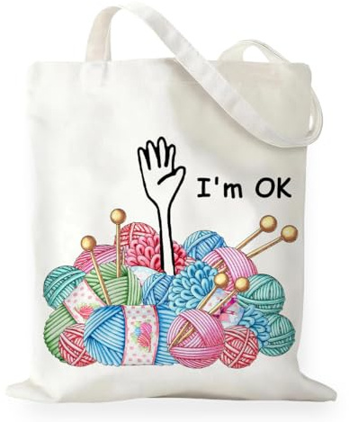 RNYJJ Funny Crochet Tote Bag Gifts for Crocheters Yarn Knitting Lover Mom Grandma, I'm OK Crochet Canvas Tote Bag