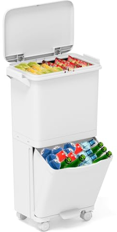 GIANTEX Cubo de Basura de Cocina 36 L, Papelera de Reciclaje con 3 Compartimentos, Pedal, Tapa y Ruedas, 3 Cubos Extraíbles, 42x29x74cm, Contenedor PP para Comedor, Oficina, Baño
