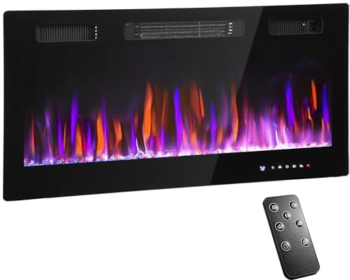 HOMCOM 91cm/36 Electric Fireplace, Ultra-Slim Wall Mounted and Recessed Electric Fire Heater with Adjustable Flame and Thermostat, Eco Mode, Auto Switch, Weekly and 24H Timer, Remote, 900W/1800W