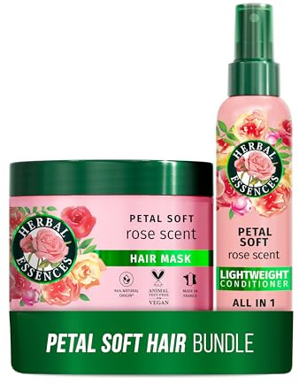 Herbal Essences Rose Scent Petal Soft Lighweight Conditioner All in One 145ml AND Hair Mask 500ml. Detangle, Nourish, Tame Frizz, Repair, Heat Protection, Add Shine & Lasting Scent. Vegan.