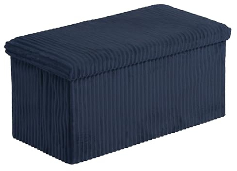 HOMSMYTH Luxury Corduroy Stripe Ottoman Storage Box – Foldable Ottoman Storage Bench with Padded Seat – Multipurpose Footstool for Living Room, Hallway Bedroom, Velver Fabric, 76×38×38cm (Navy Blue)
