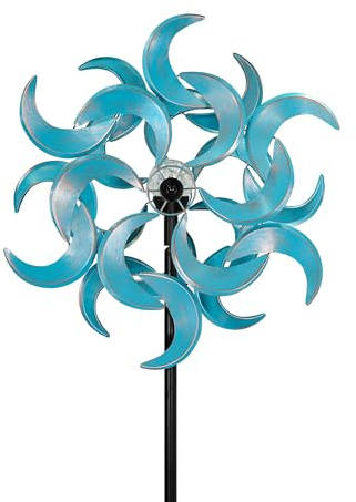 87 Wind Spinner Outdoor with Solar Light, Large Metal Wind Sculptures Spinners, Windmill for Garden Yard Patio Lawn Decor - Azure Moon (23 W x 87 H)