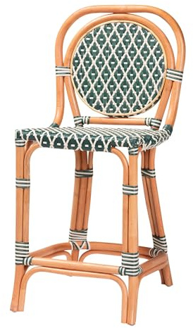 Bali & pari Mattie Rattan Bistro Counter Stool - Handwoven Accent Seating with Backrest for Kitchen Island or Indoor/Outdoor Lounge, Dark Teal Green & White