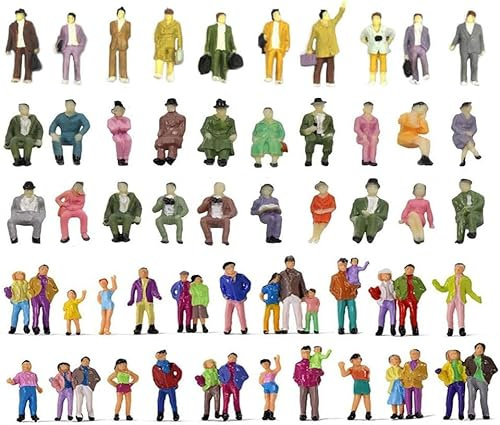 GW Box 50 Pcs 1: 87 Ho Scale Mini People Figurines | Tiny Painted Model Train Park Street Figures Sitting Standing Model Tiny Plastic Miniature Figurines for Miniature Scenes