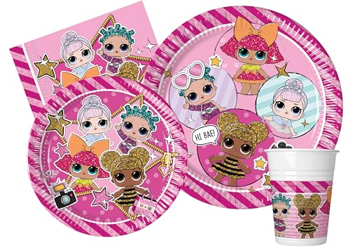 Kit Party Tavola L.O.L. Surprise! Glam per 24 persone (112 pezzi: 24 piatti Ø23cm, 24 piatti Ø20cm, 24 bicchieri 200ml, 40 tovaglioli 33x33cm)