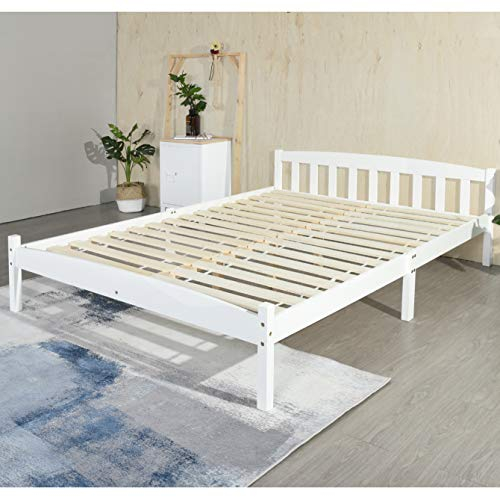 LiePu Doppelbett Holzbett, Bettgestell mit Lattenrost und Kopfteil, Kiefer Massivholz Jugendbett, 140 x 190 cm, Weiß