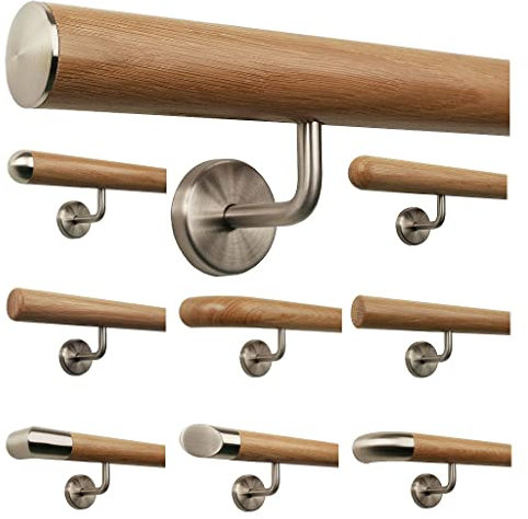 TIBU Eiche Holz Handlauf Geländer 0,3m - 6m, Länge 50 cm, Ende leicht gewölbte Edelstahlkappe und 2 gewinkelte Halter