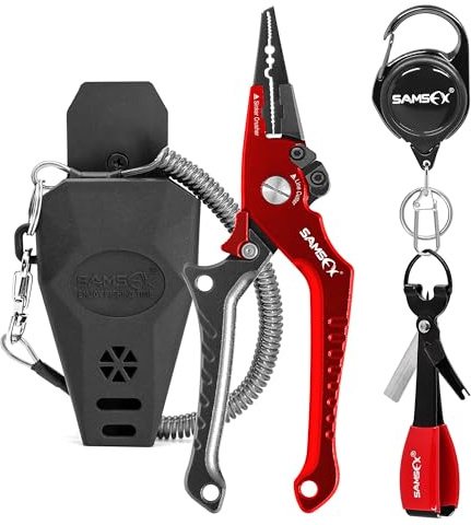 SAMSFX Aluminum Fishing Locking Pliers Saltwater Split Shot Ring Braid Cutter Hook Remover Pliers with Lanyard and Sheath, Quick Knot Tool Combo (Gray & Red Handle)
