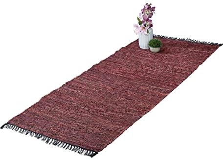 Relaxdays Alfombra de Pasillo con Flecos, 80 x 200 cm, Algodón y Cuero, Antideslizante, Retazos, Rojo