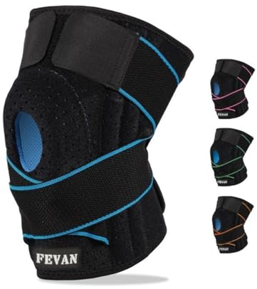 FEVAN Kniebandage mit Seitlichen Stabilisatoren aus Neopren mit Silikon - Kniebandage Männer und Damen - Kniebandage Kraftsport - Knee Support (Schwarz/Blau) (BLAU/SCHWARZ)