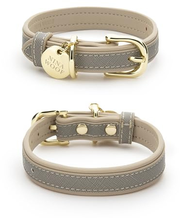Nina Woof London Vegan Leather Dog Collar - Luxury Cute Dog Collar Adjustable Buckle Collar for Dogs, Dog Collar for Small Dogs to Dog Collar for Large Dogs - Padded Grey Over Beige, Small