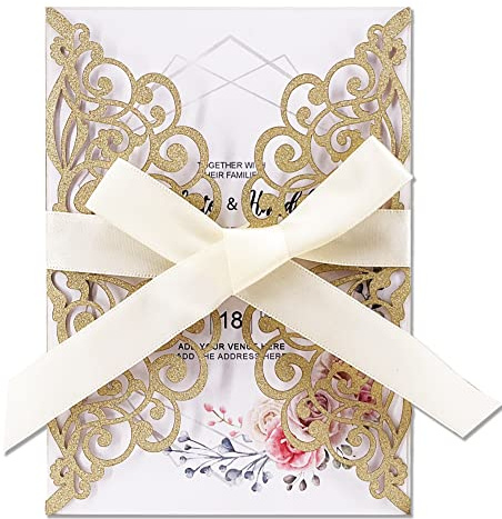 Fashmade 50Pcs Laser Cut Wedding Invitation With Glitter Envelopes And Ribbons Blank Personalized Card Invitaciones Para quinceañera Birthday Baby Shower Christmas Party Bridal Shower (Gold)