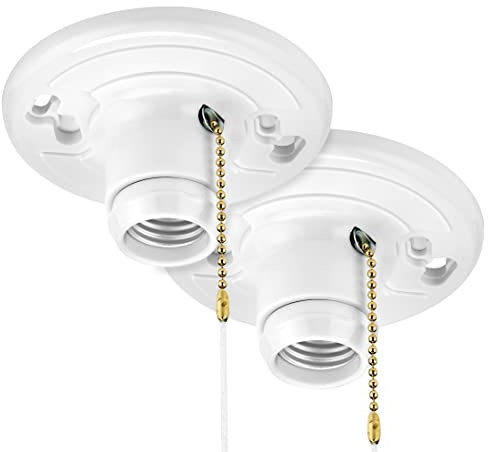 Maxxima Plastic Lamp Holder - Featuring Pull Chain, One-Piece Medium Base, E26 Bulb Socket, Outlet Box Mount, 660W, Ceiling Lighting, Compatible with LED and Incandescent Light Bulbs - 2 Pack