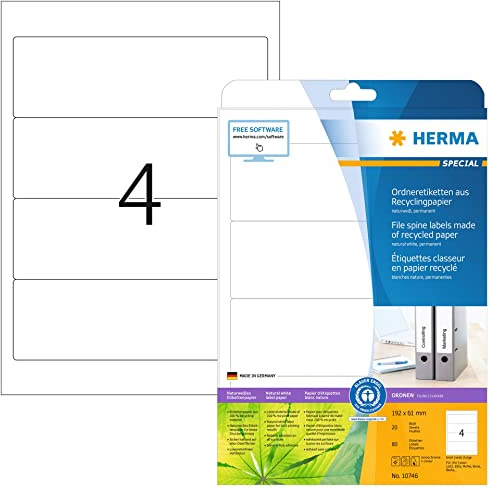 HERMA 10746 Recycling Ordnerrücken Etiketten kurz breit, 20 Blatt, 192 x 61 mm, 4 pro A4 Bogen, 80 Stück, selbstklebend, bedruckbar, blickdicht, Ordneretiketten Rückenschilder Aufkleber, natur-weiß