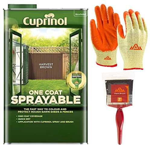 Perfectonish One Coat Sprayable Fence and Shed Paint 5-litres Exterior Wood Paint Low Odour Formula Garden Fence Paint with 3” Paint Brush and Protective Gloves (Harvest Brown)
