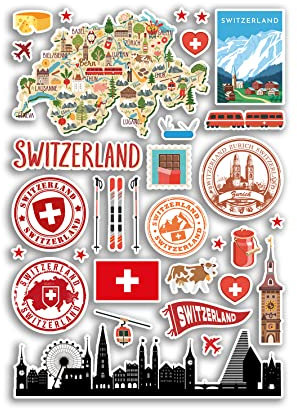 A4 Aufkleberbogen Schweiz Sehenswürdigkeiten Vinyl Aufkleber - Schweizer Stadtkarte Flughafenstempel Skyline Länderflagge Reise Urlaub Kultur Ästhetisch #80002