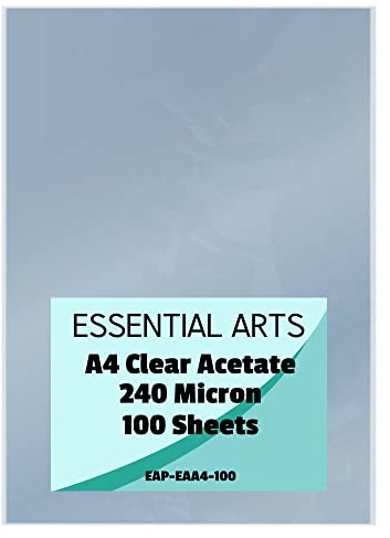 Essential Arts A4 Clear Acetate 240 mikron paket med 100 ark. Extra tjockt PVC-bindande skydd perfekt för etsning, hantverk, schabloner bildramar och gåvor 210 x 297 mm