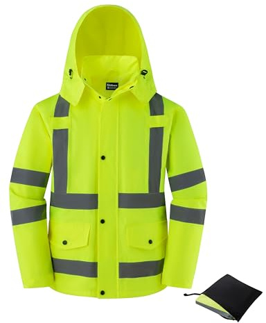 Ubon Men's Reflective Rain Jacket, Waterproof Hi Vis Rain Coat Safety High Visibility Raincoat with Detachable Hood, Yellow, Large