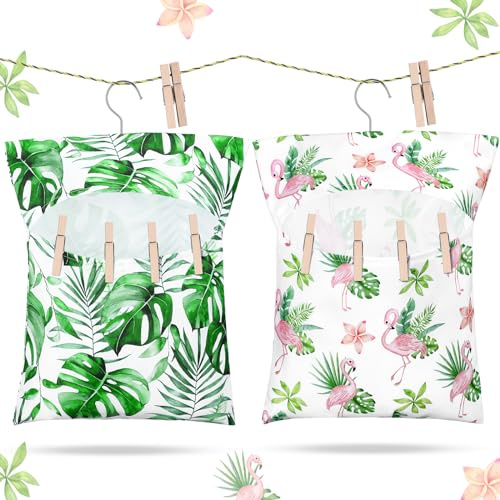 Ribbonlic 2 Pcs Clothespin Bag with Hanging Hook Waterproof Laundry 13 x 12 Clothes Pin Holder Hanging Bag with Large Opening Clothespin Storage Organizer for Summer Clothesline Outdoor(Flamingo)