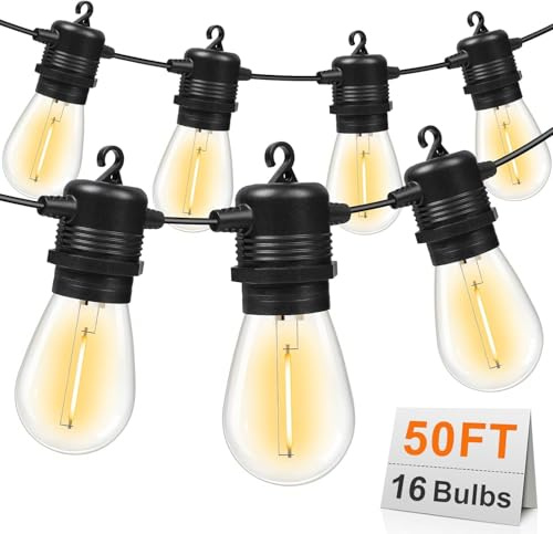 GvvooHome 50 fot LED ljusslingor, 16 okrossbara vattentäta S14 utbytbara glödlampor (1 utbyte), 2 700 K kommersiell kvalitet uteplatslampor, utomhushängande för trädgård veranda däckdekor