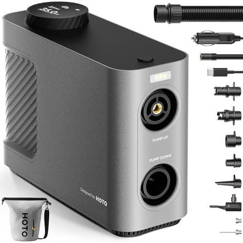HOTO Elektrische Luftpumpe Master, Kabellose Tragbare Reifenpumpe für Auto & Fahrrad, 9 Modi, Dual-Power für SUP, Kajak, Luftmatratze, Zelt & Poolzubehör