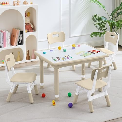 DOREROOM Kids Table and 4 Chairs Set, Height Adjustable (17.7-26.1) Toddler Table and Chair Set, Multi-Activity Table with Graffiti Desktop, Children’s Table and Chairs for Classroom, Home & Daycare