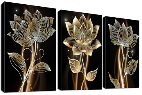 3Pcs Abstract Brown Flowers Mit Rahmen Leinwand Bilder Minimalismus Schwarz Gold Blumen Floral Bild auf Leinwand Malerei Kunstdruck Wandbilder Wohnzimmer Schlafzimmer Wanddeko 120x60cm (16x24x3pcs)