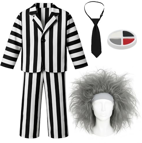 Disfraz de fantasma loco para niños, talla XL, traje de rayas blancas y negras, corbata negra, peluca gris, disfraz de Halloween para niños