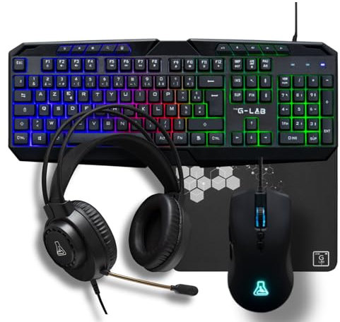 The G-Lab - Combo Natrium - Set tastiera mouse gamer 4 in 1 - Tastiera gamer AZERTY USB, RGB, 19 tasti Antighosting, Mouse gamer 6400 Dpi, Cuffie da gioco & Tappetino per mouse - PC/PS4/PS5-XBOX
