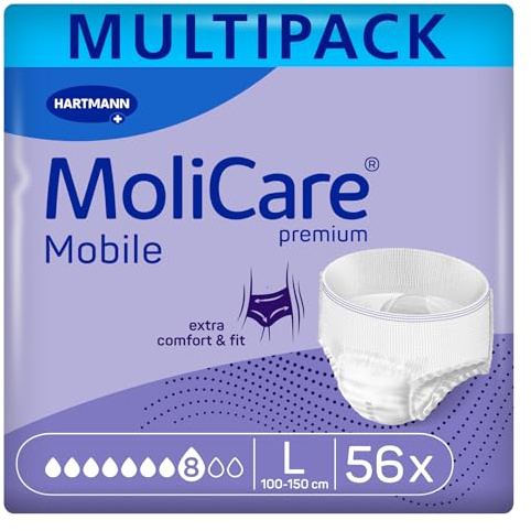 MoliCare premium Mobile 8 Tropfen Größe L, Inkontinenzhosen für Frauen und Männer mit schwerer Inkontinenz, extra Auslaufschutz, fortschrittlicher Hautschutz, verbesserte Passform, 56 Stück