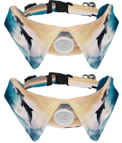 Dog Collars Bow Tie with Bell, 2 Pcs Dolphins Jumping Sea Wave Pet Collar with Shirt Collar, Adjustable Pet Collars for Small Dogs Cats Kitten