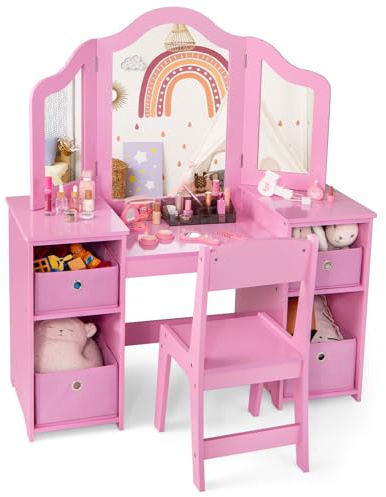 Maxmass 2 in 1 Kids Vanity and Chair, Wooden Children Dressing Table with Stool, Removable Tri-folding Mirror, 4 Storage Bins, Girls Makeup Tables Princess Dresser for 3+ Years Old (Pink)